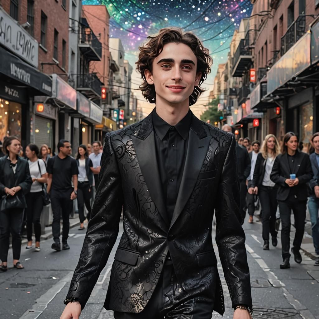 Timothee Chalamet in Black and Silver Lace Suit