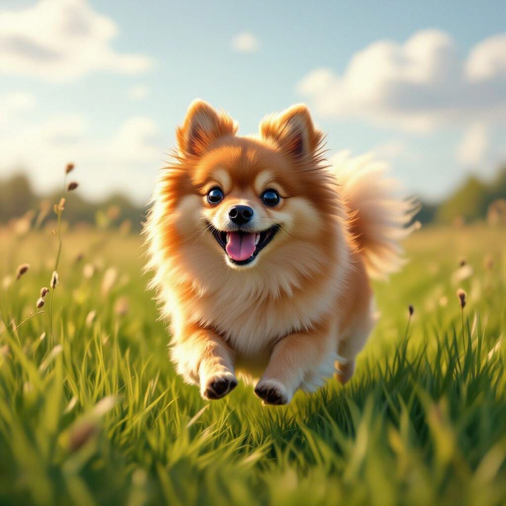 Joyful Pomeranian Puppy in Lush Grassy Field