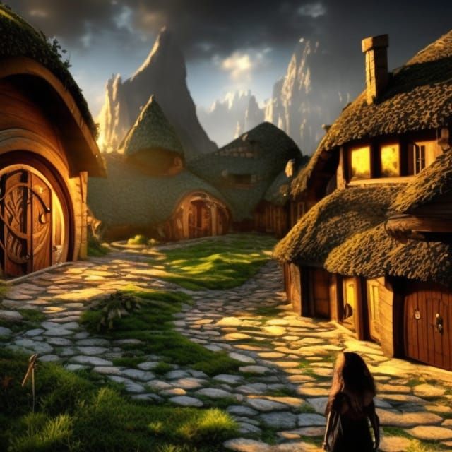 Futuristic Cyberpunk Hobbit Village at Twilight