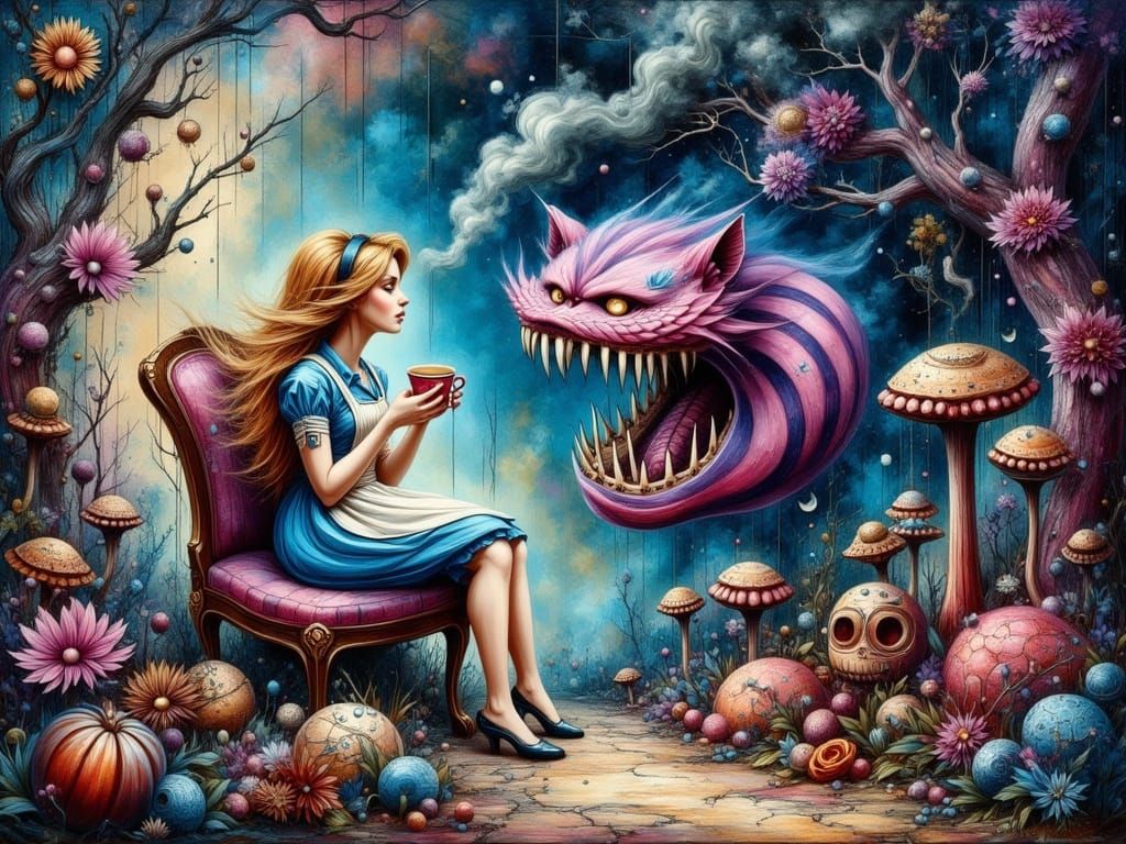 Dark Fantasy Alice and Cheshire Cat in Abstract Forest