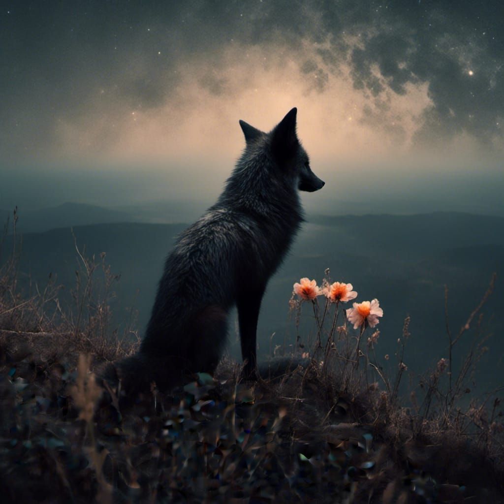 Macabre Black Fox and Flower at Night