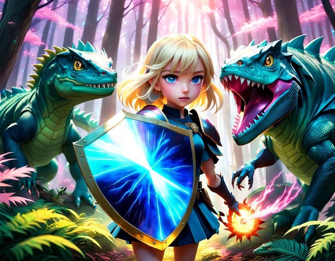 Girl Warrior Battles Lizard Monster in Anime Style