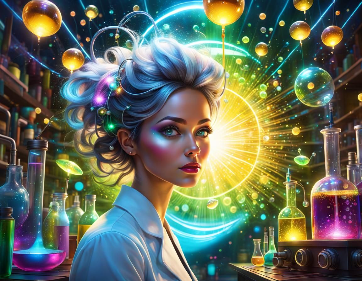 Mad Scientist in Lab with Glowing Potions