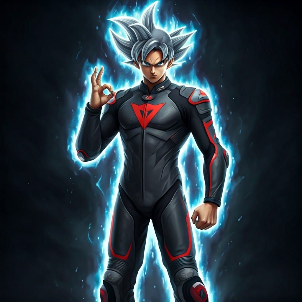 Goku Ultra Instinct in Sleek Motorcycle Suit