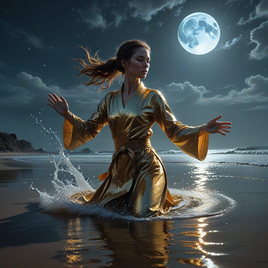 Golden Woman Karate Master on Beach in 3D