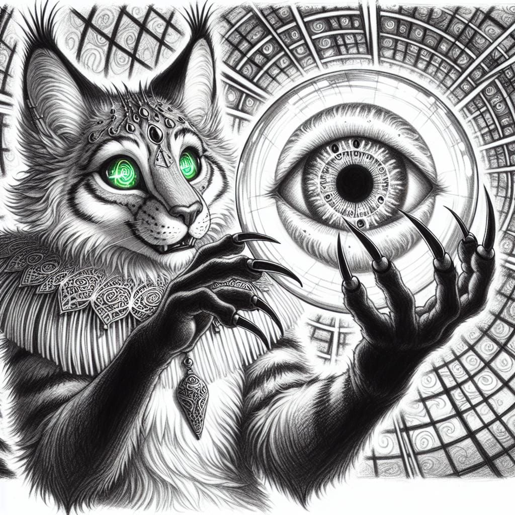 Sketch, using black and white pencil, an anthropomorphic cat...