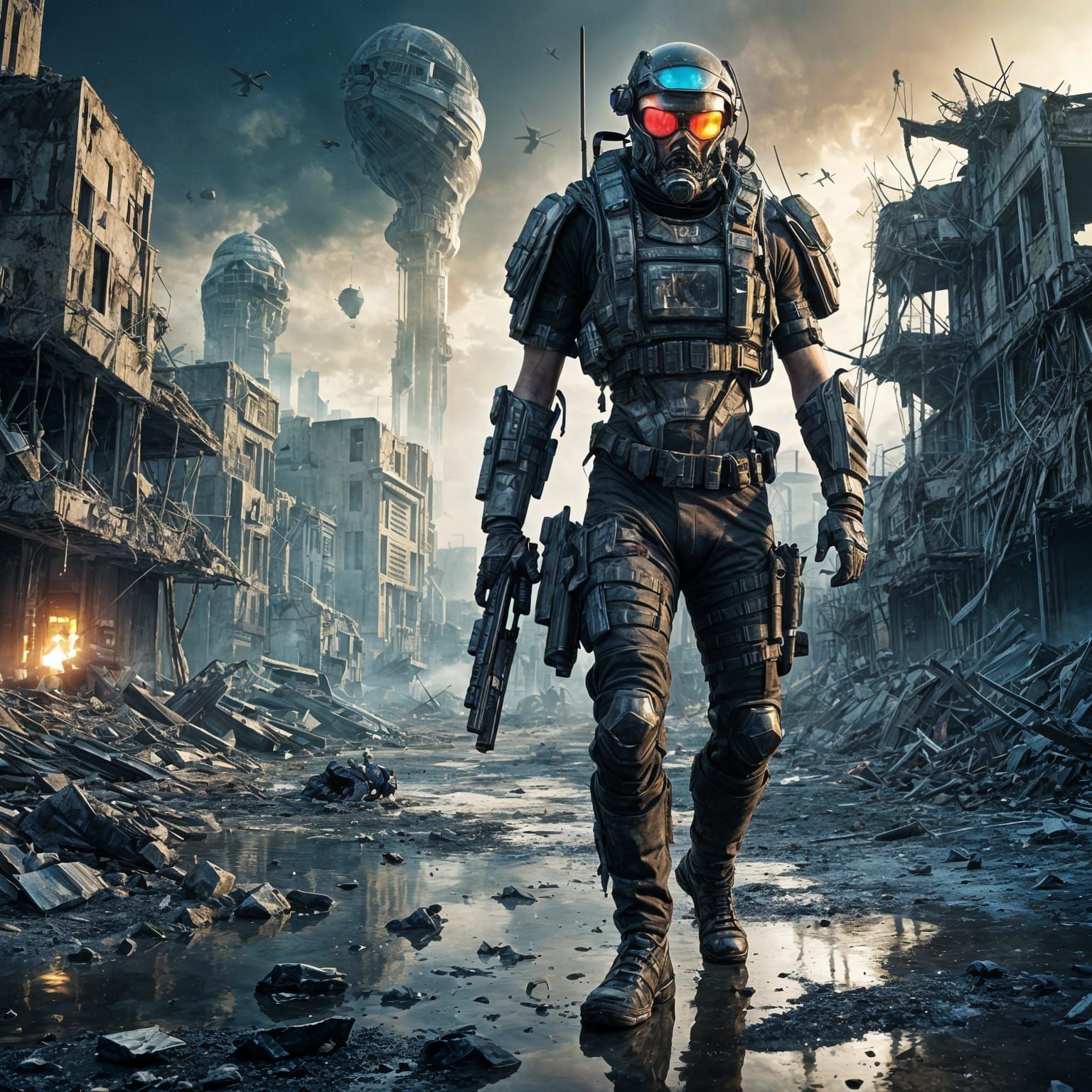 Futuristic Soldier Battles in Ruined Alien City