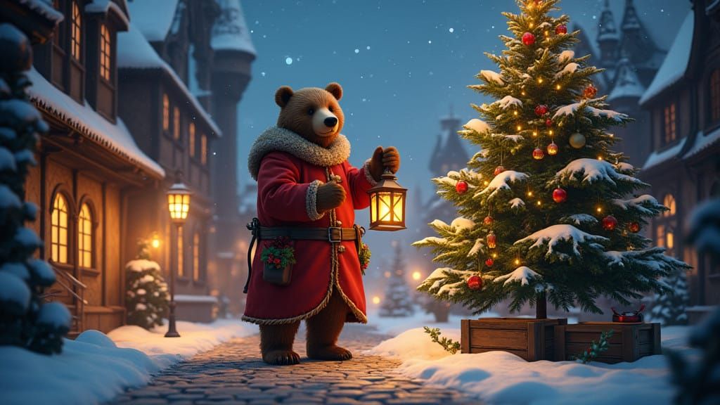 Brown Bear in Crimson Coat Brings Christmas Magic to Medieva...