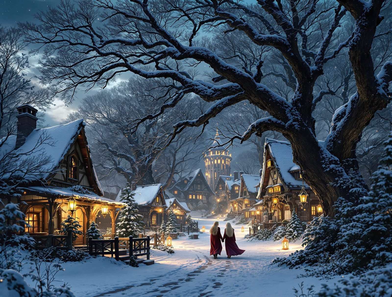 Norse Village in Winter Twilight with Goddesses
