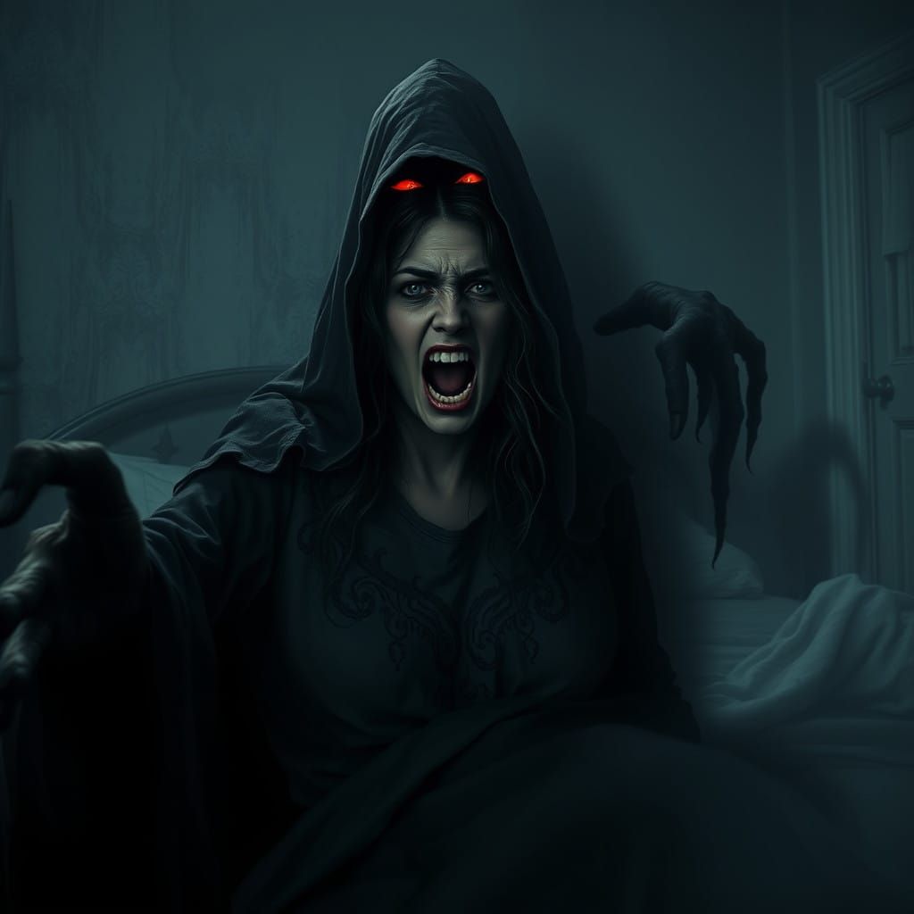 Dark Fantasy Ghoul Haunts Terrified Woman in Hyperrealistic....