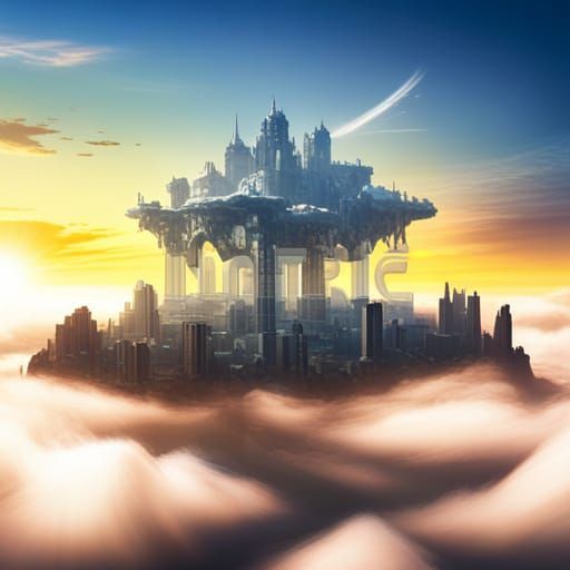 Floating Island City at Sunrise: Digital Matte Painting