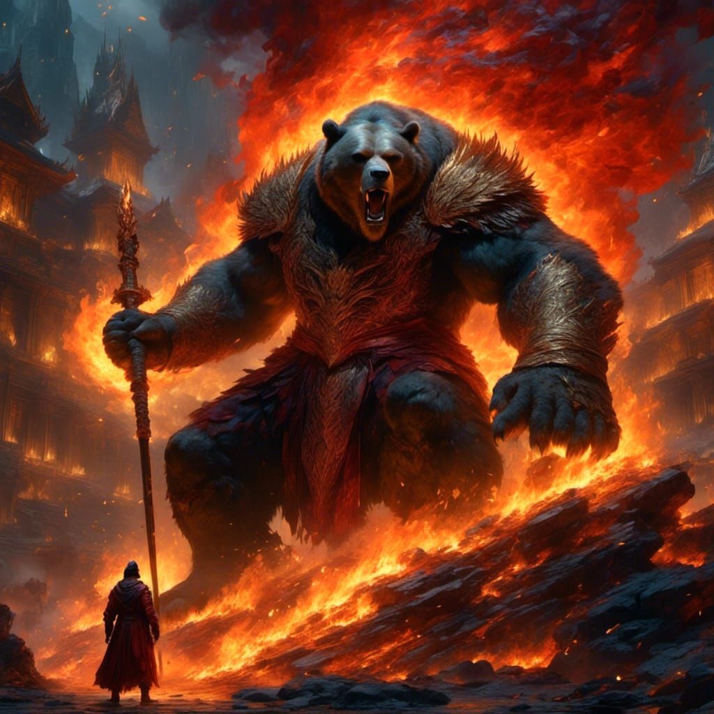 Wizard Casting Flames at Enormous Bear