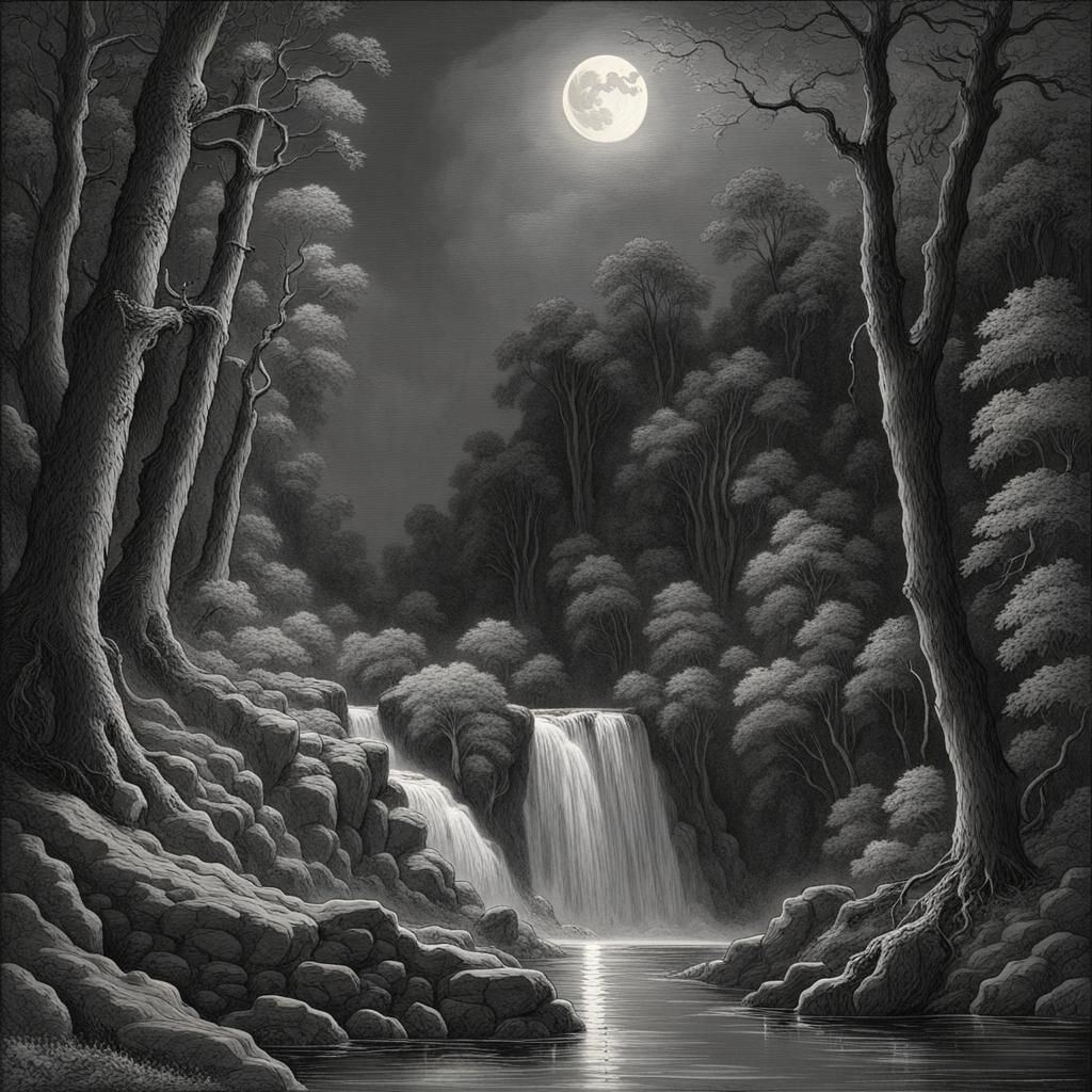 Moonlit Waterfall in a Dramatic Gothic Style