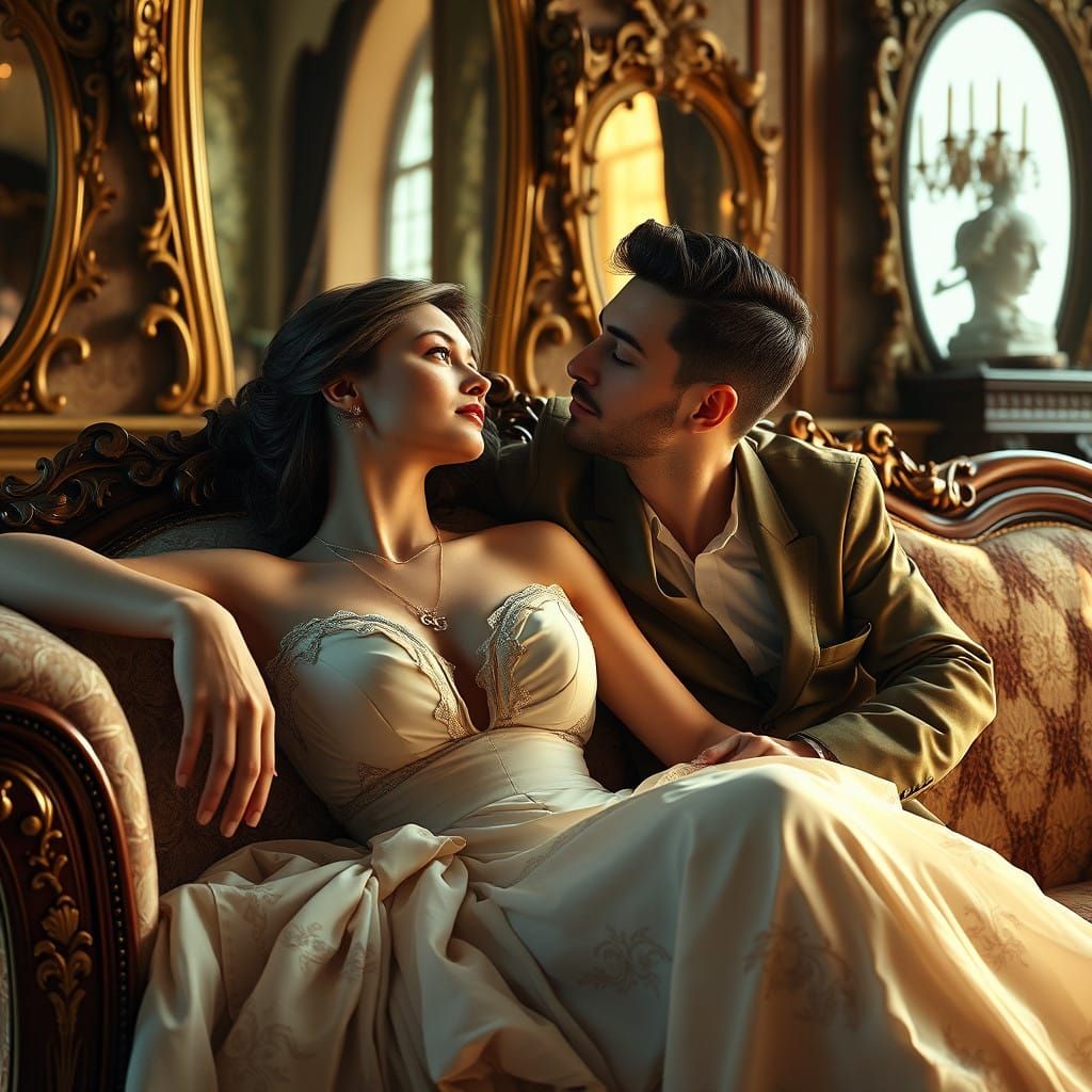 Elegant Victorian Romance: Young Duchess and Suitor in Lavis...