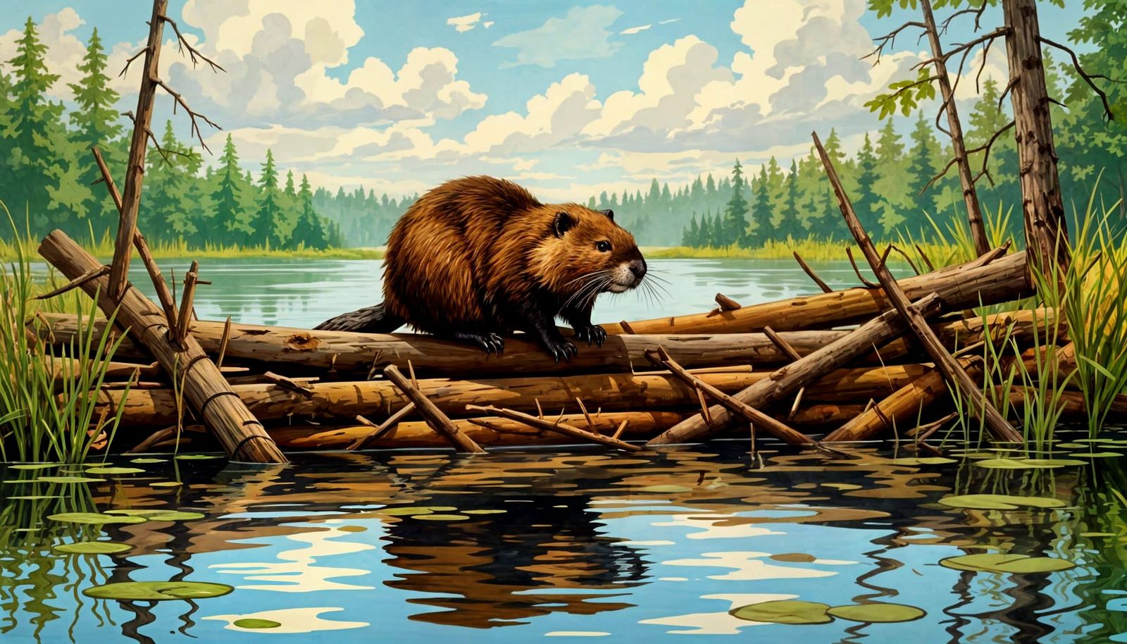 A North American Beaver is working on top of his dam.