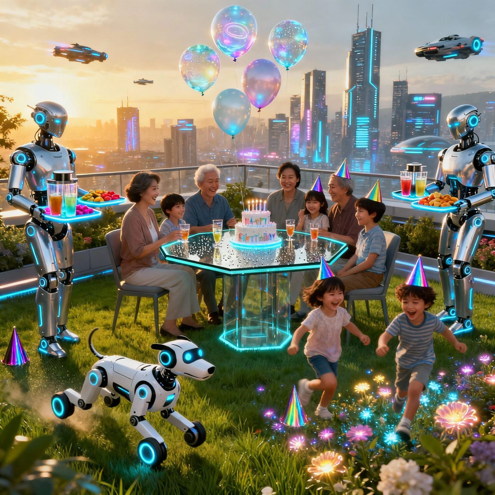 Future Birthday Celebration in a Lush Garden with Robots