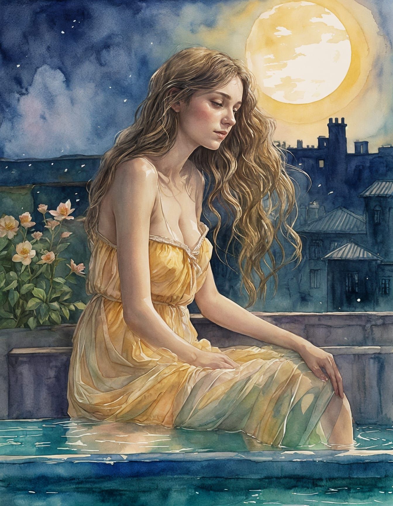 Dreamy Bathsheba Rooftop Bath in Watercolor Style