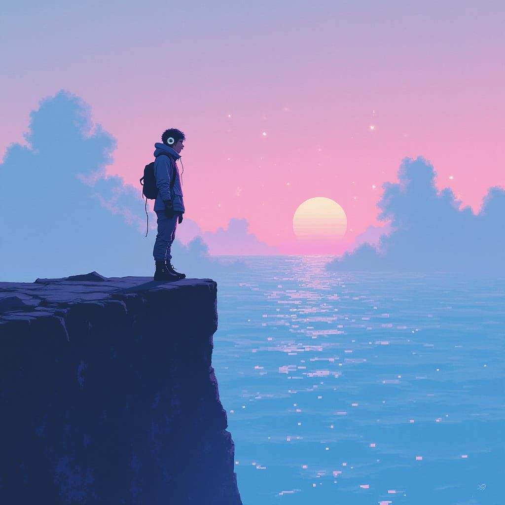 Retro-Futuristic Figure Overlooking Glitchy Ocean