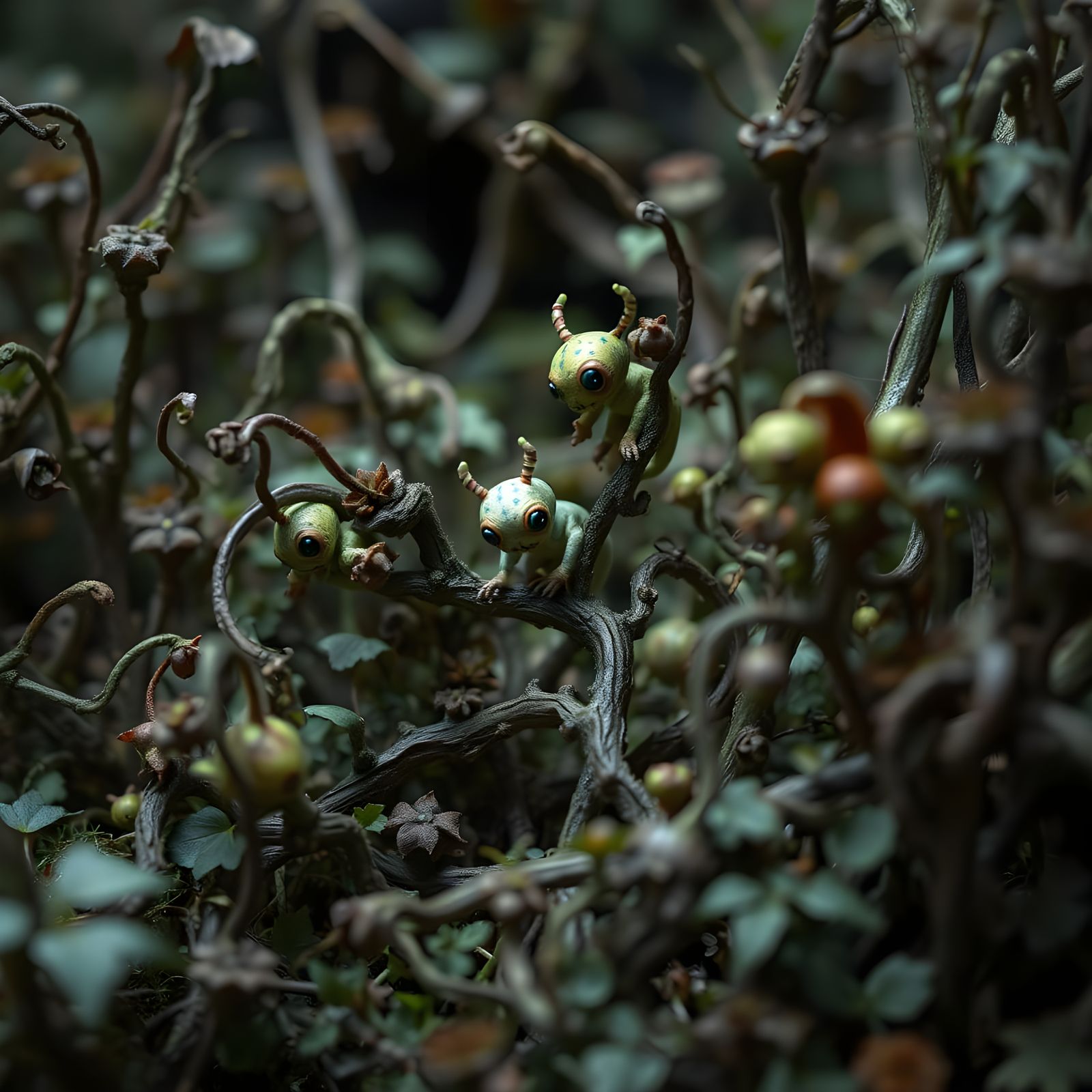 Eerie Overgrown Garden with Miniature Creatures