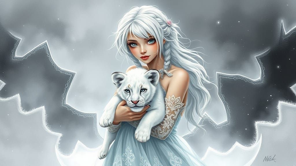 Woman with Lion Cub in Dreamy Fantasy Art