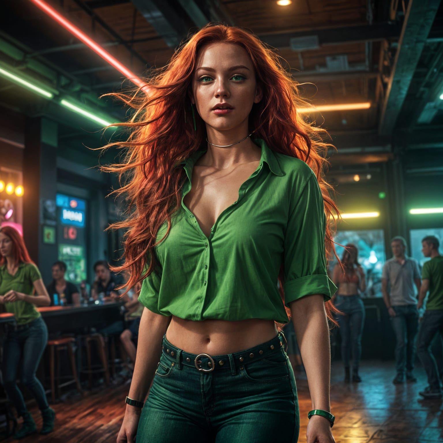 Hyperrealistic Redhead Dancing in Nightclub, Cinematic Light...
