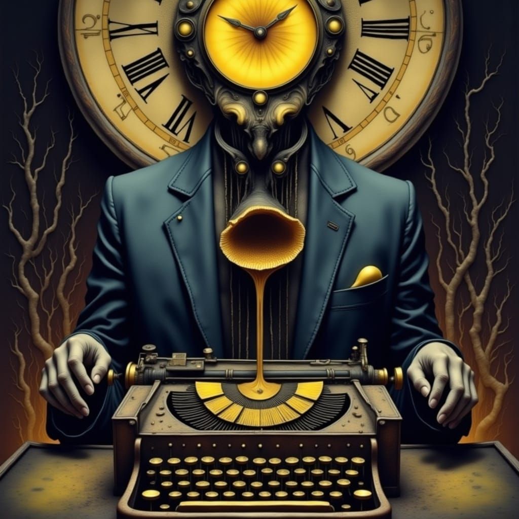 Surreal Man at Desk with Melting Clocks, Dali Inspired
