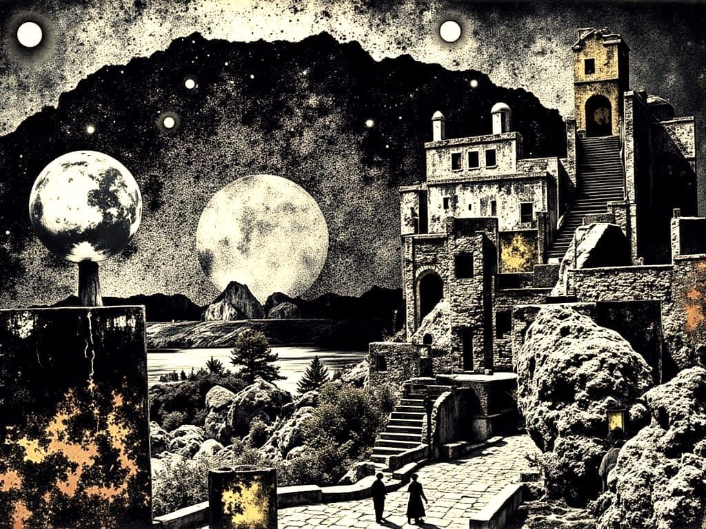 Steampunk World Map in Escher & Klimt Architectural Style