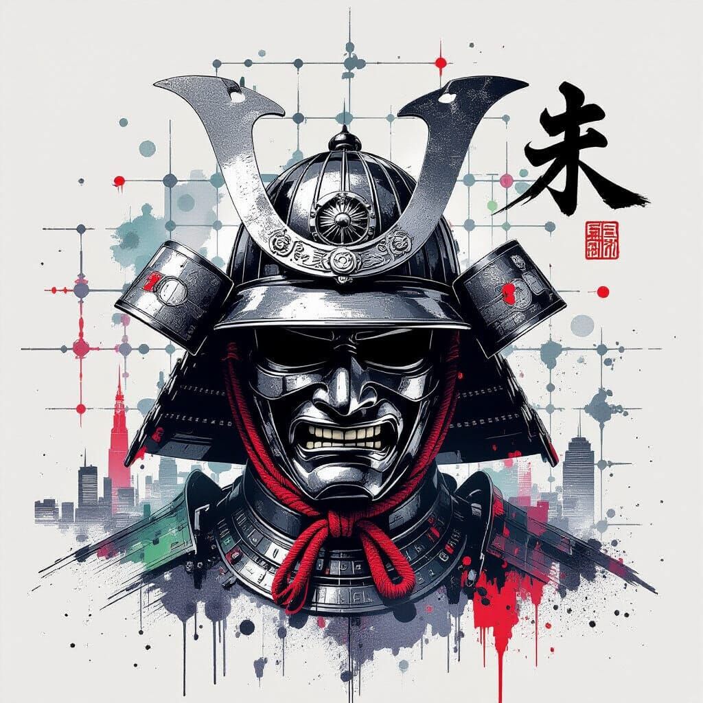 Liquid Silver Samurai Helmet on City Map Grid