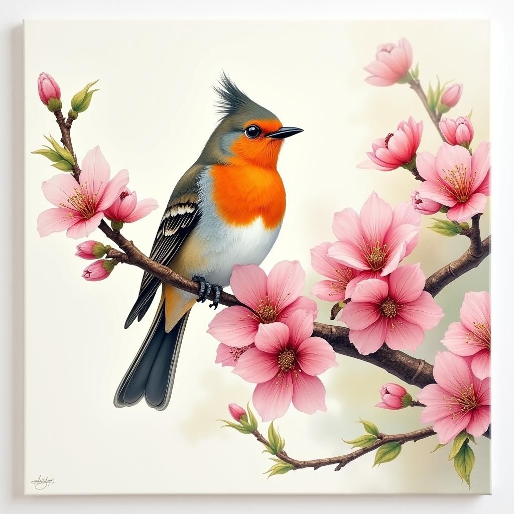 Wren on Blossoms in Gouache Watercolor Style