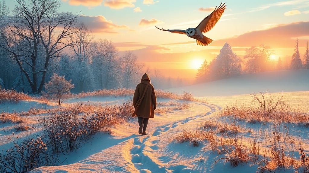 Golden Wanderer in Frosty Wonderland, in Dreamy Digital Art