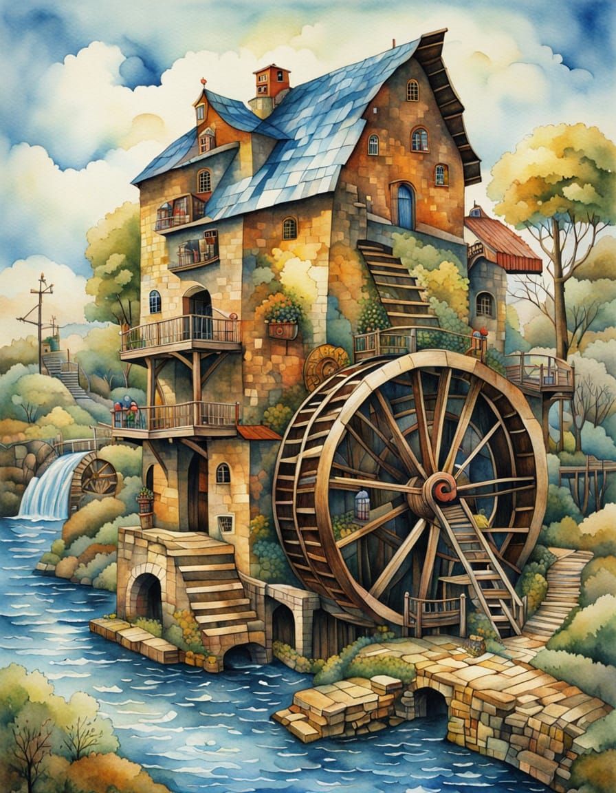 Steampunk Water Wheel in Vibrant Colors
