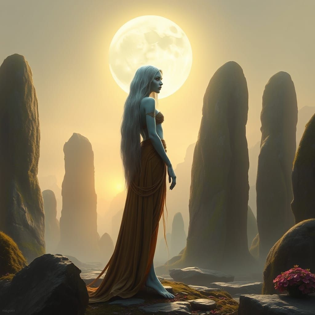 Ethereal Female Alien Among Ancient Megaliths in Mystical, P...