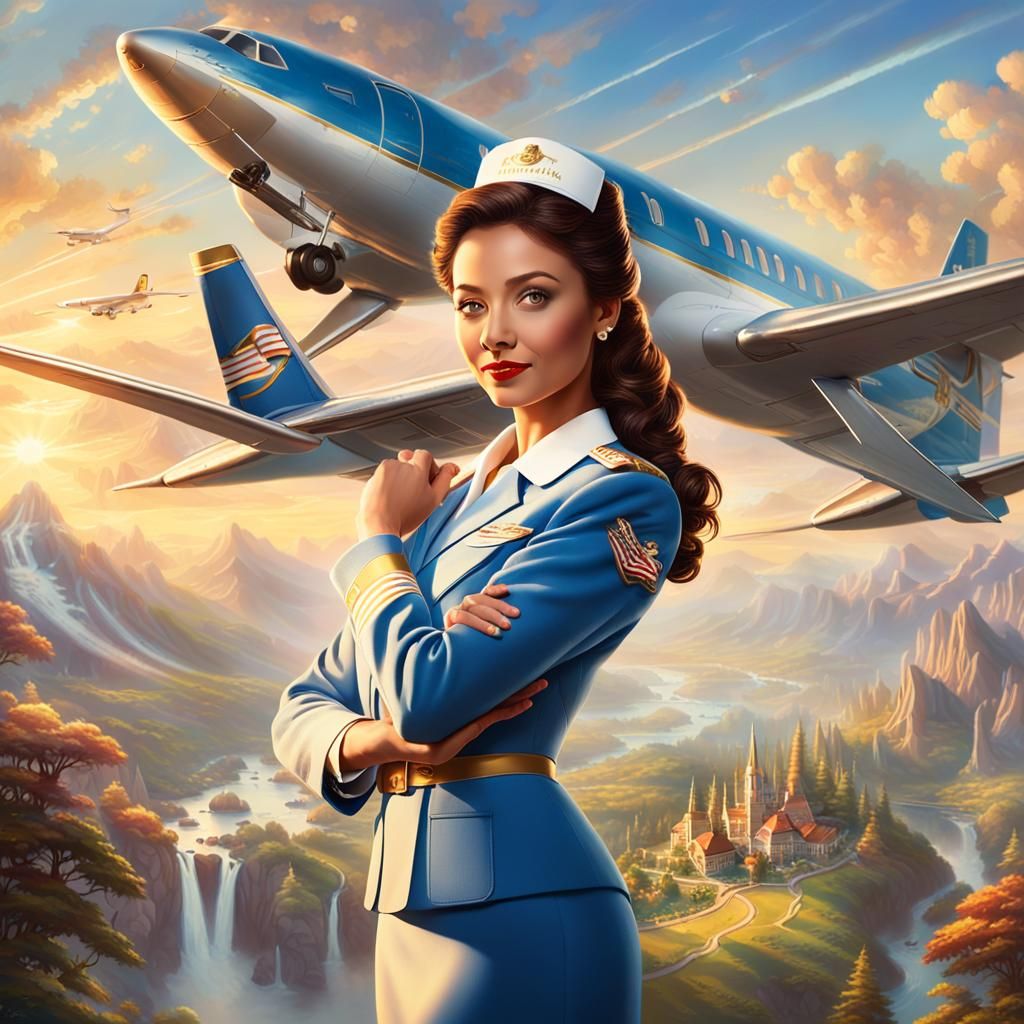 Stewardess Portrait in Kinkade-Inspired Landscape