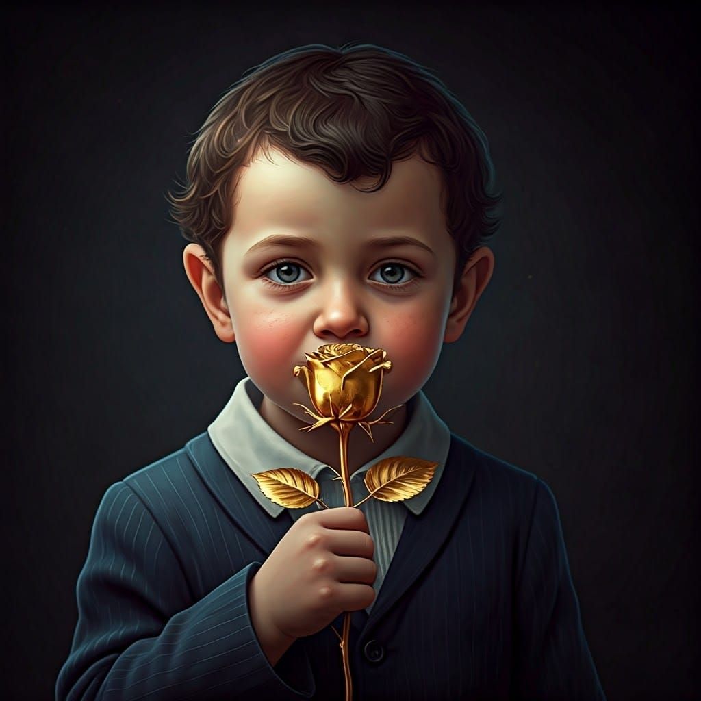 A Captivating Ultra-Orthodox Boy Holds a Golden Rose