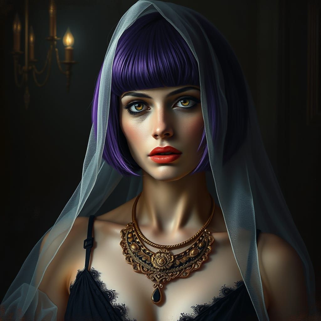 Sensual Woman with Purple Hair in Ethereal Oil Painting Styl...