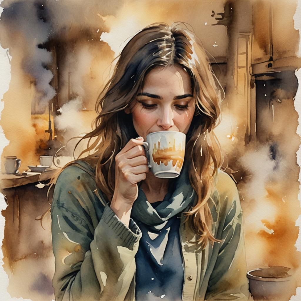 Melancholic Chai: Watercolor Portrait of Love and Memory