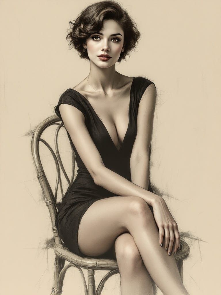 Enigmatic Woman in Charcoal, Dressed in Midnight Elegance
