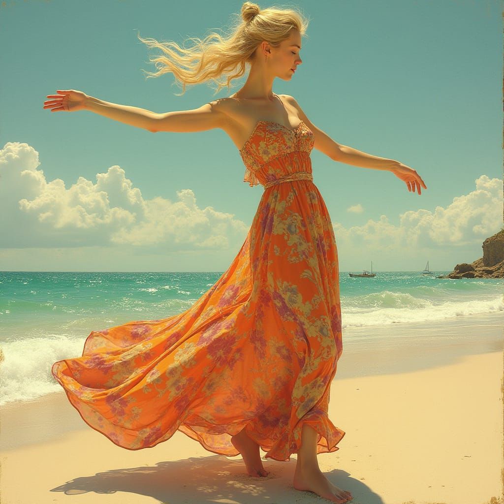 Woman Dancing on Beach in Art Nouveau Style