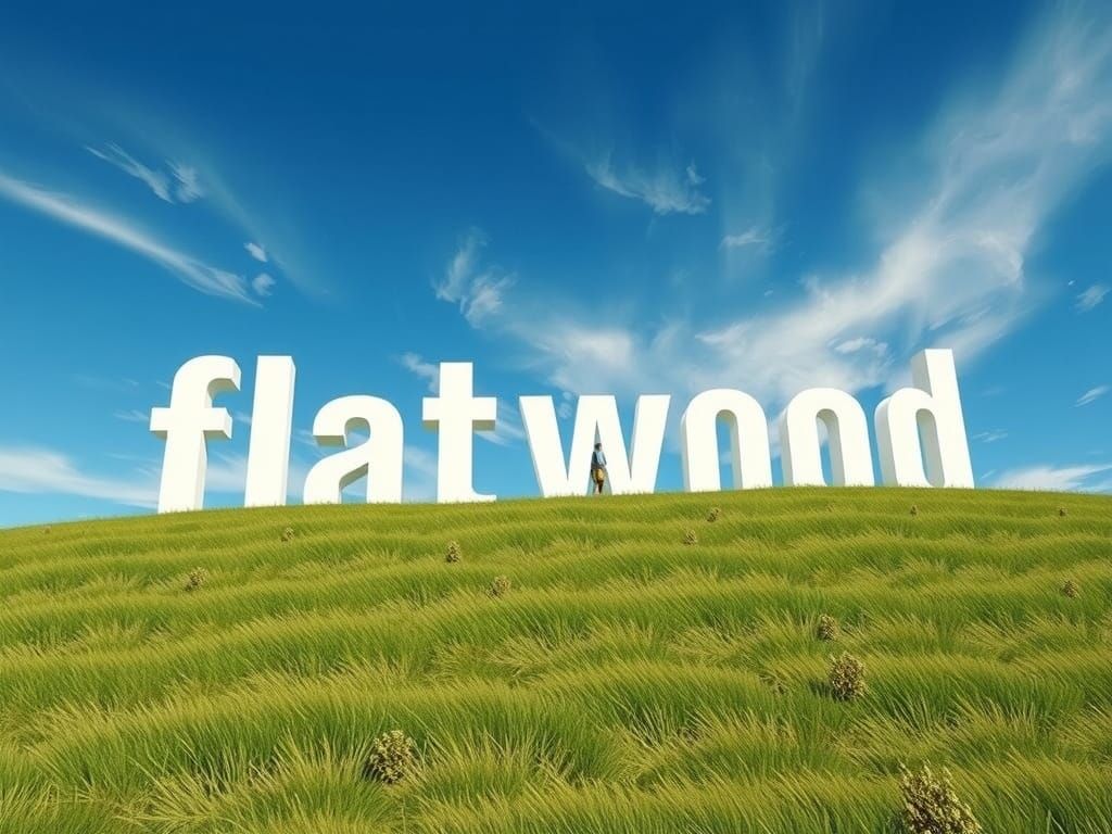 Grassland liminal space that has a giant white letter signs ...