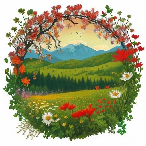 Chickadee and Wildflowers with Vermont Mountain View