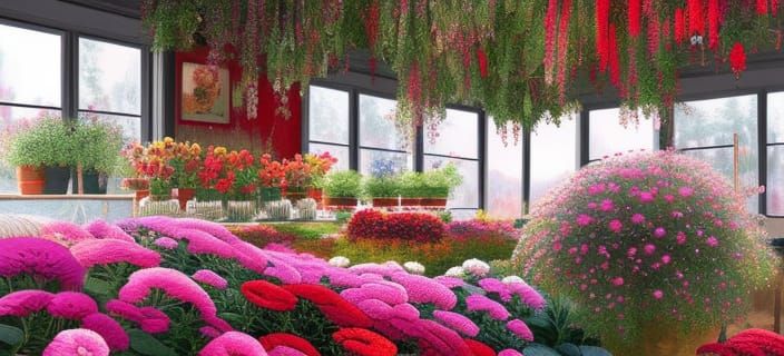 Red Flower in Cozy Floral Shop, Digital Painting