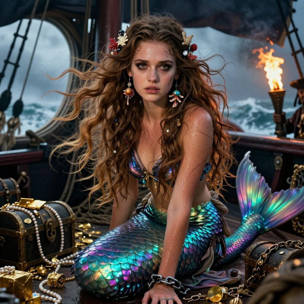 Melancholic Mermaid Captive on Pirate Ship