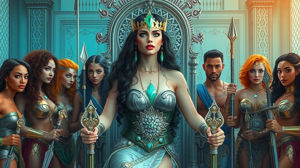 Ethereal Queen of Amazons Ascends Throne with Radiant Emeral...