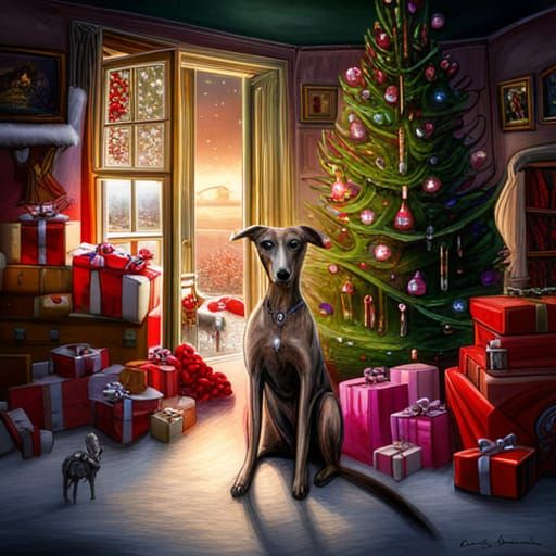 Lurcher Dog Christmas Card: Festive Digital Painting