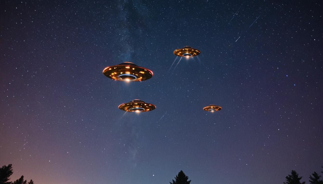 UFOs in Starry Night Sky: Cinematic Film Still