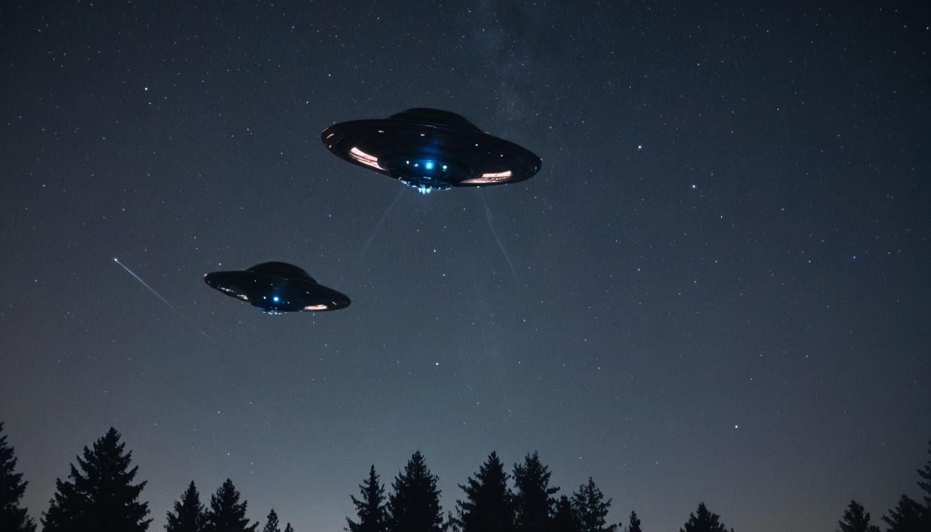 Dramatic UFOs in Starry Night Sky: Cinematic Still