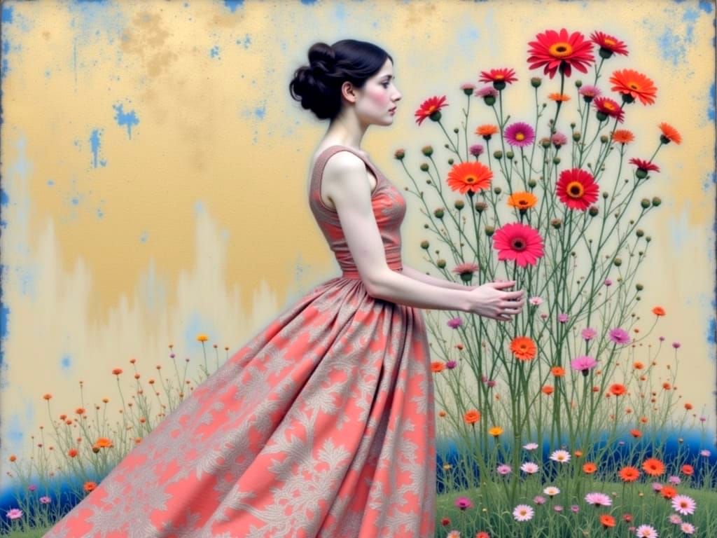 Woman with Floral Background in Klimt Style