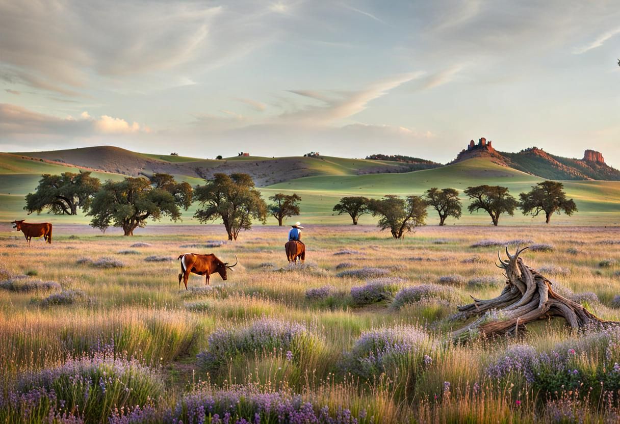 Cowboy and Longhorn Cattle in Country Landscape