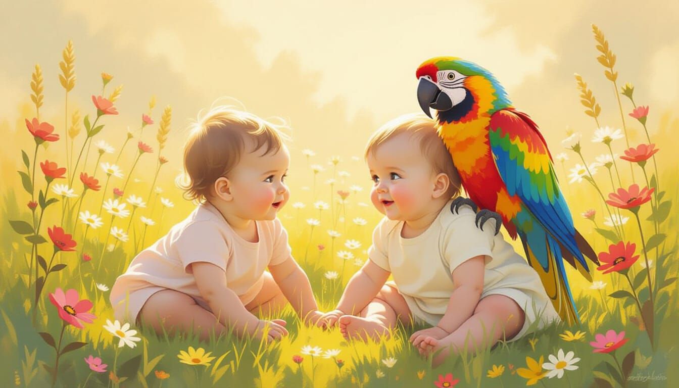 Babies and Parrot in Impressionist Meadow