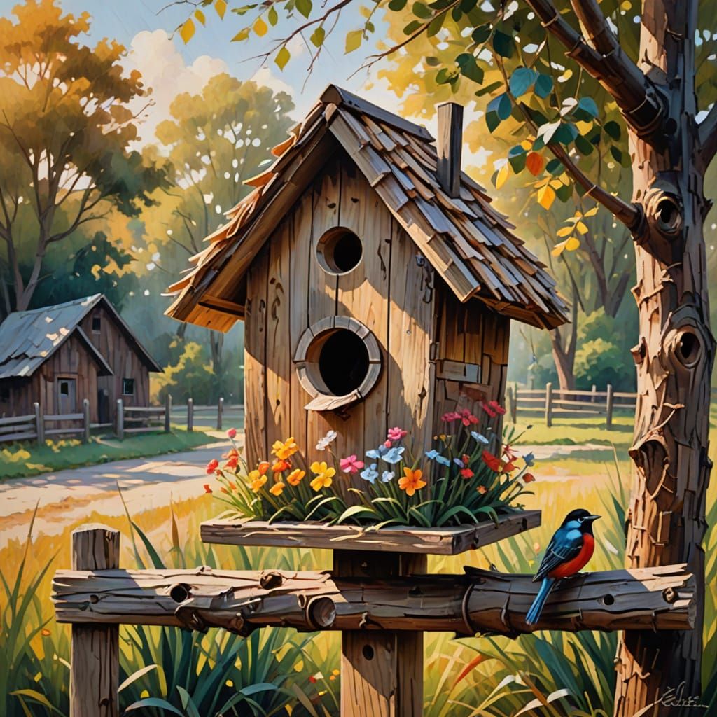 Whimsical Birdhouse on Barber Pole: Impressionist Oil Painti...